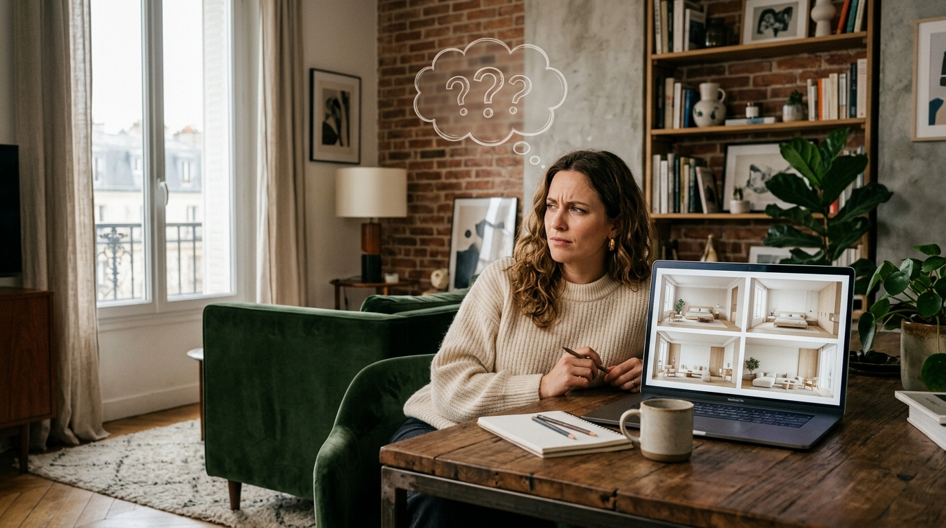 A person looking skeptically at a laptop screen showing multiple similar minimalist interior designs, thinking bubble with question marks