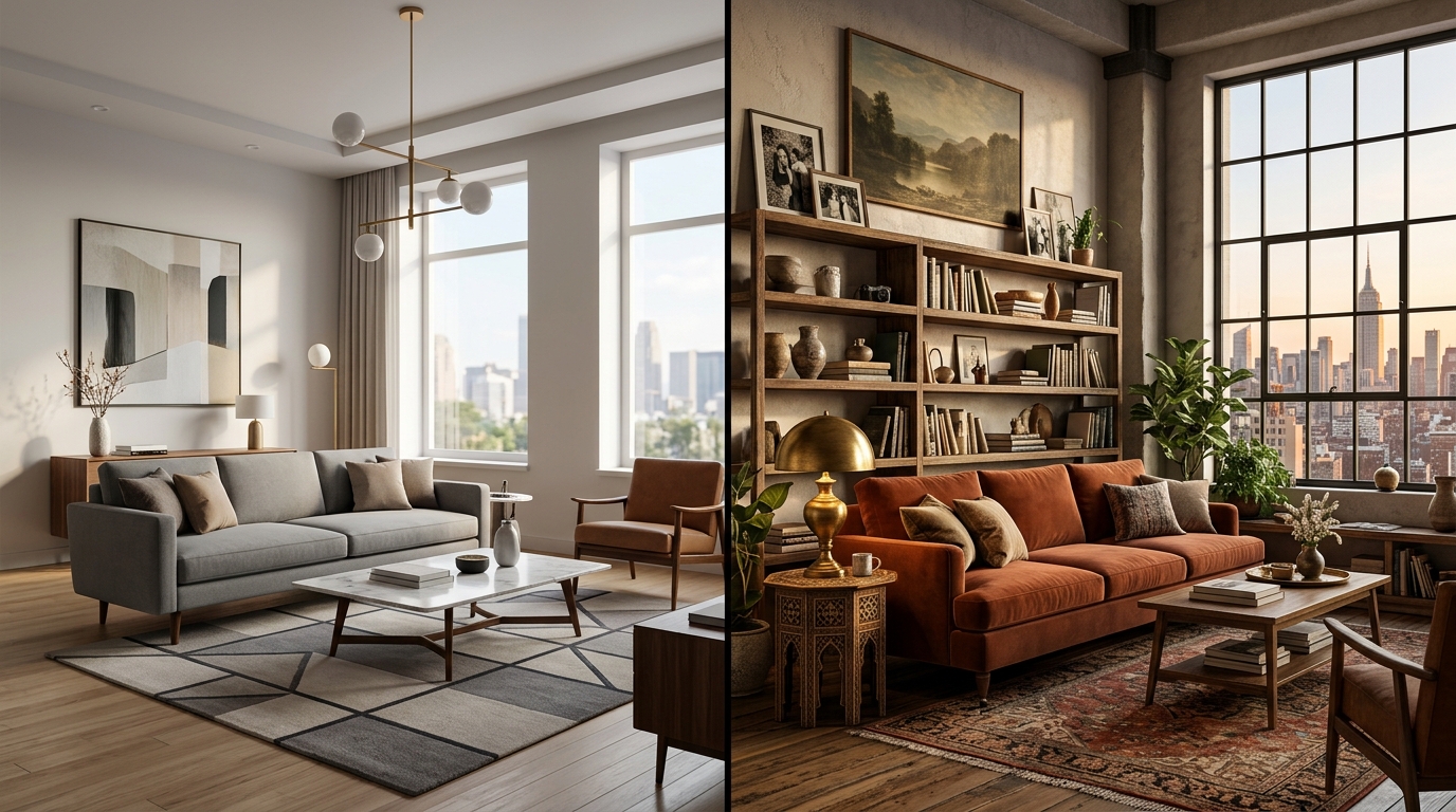 Side-by-side comparison: generic AI-generated interior on the left vs personalized AI interior design applied to a real apartment photo on the right, showing clear differences in uniqueness