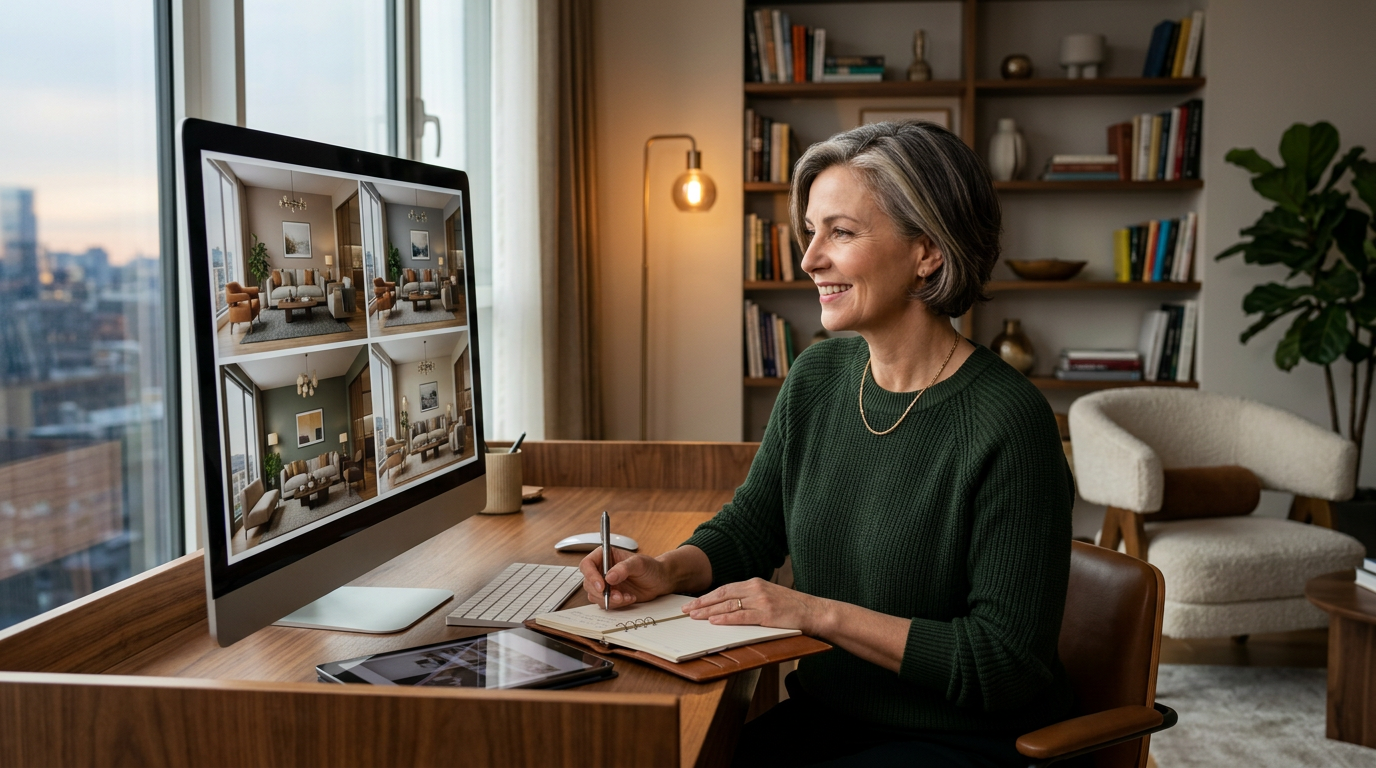 A happy person sitting at a desk, comparing multiple AI-generated interior design variants on a screen, making notes, looking satisfied and inspired