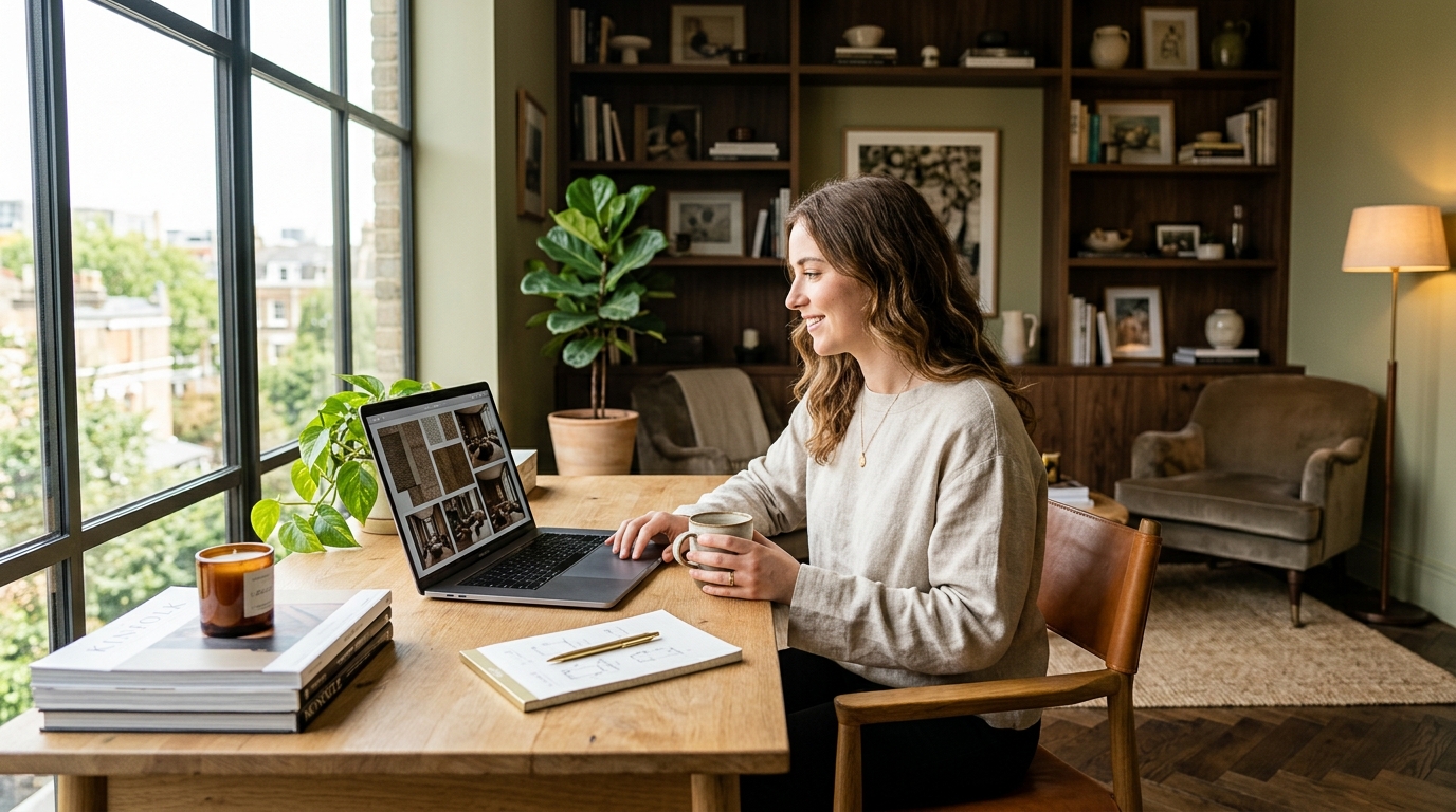 A person sitting at a laptop looking at AI-generated interior design options on screen, cozy home office setting