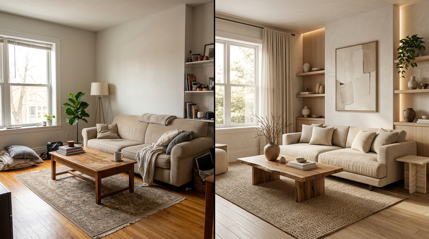 Split-screen comparison showing a real room photo on the left and AI-generated redesign of the same room on the right, modern Japandi style