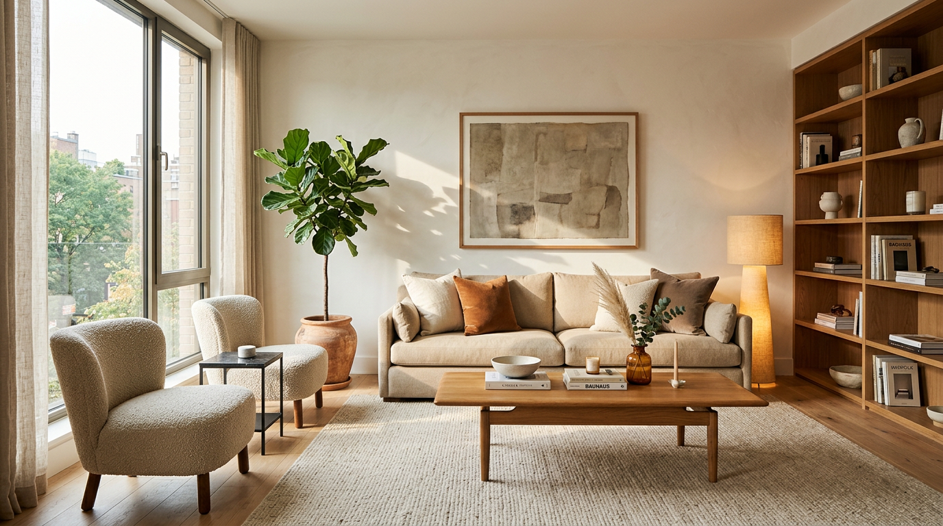 Bright living room interior generated by AI with natural light, warm wood tones and soft textile accents, photorealistic render