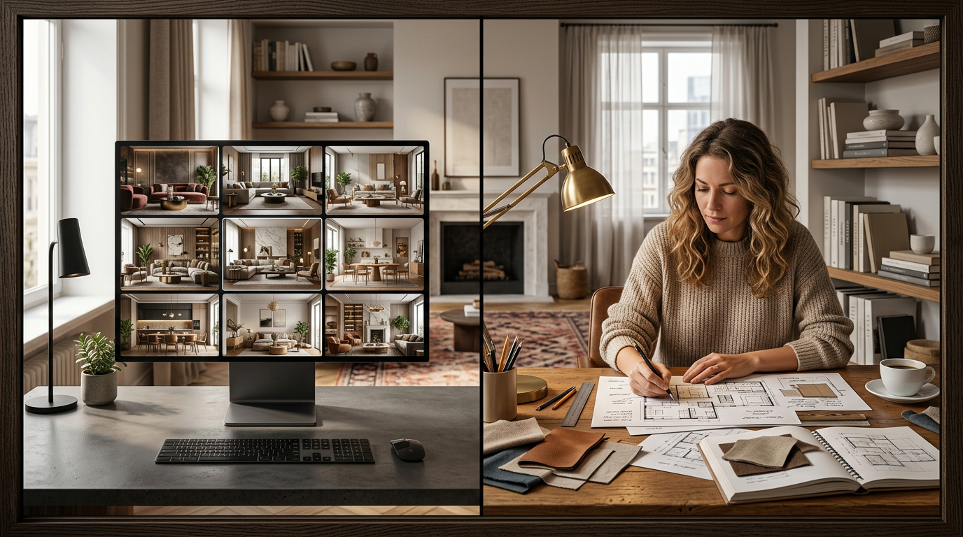 Split screen comparison - AI interface generating interior design on the left, human designer working at a desk with sketches on the right