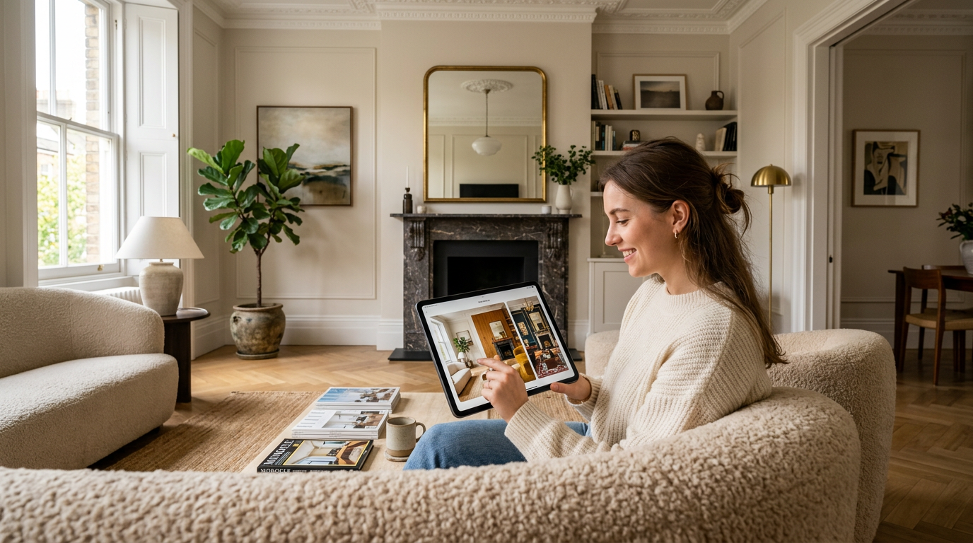 Person using AI interior design app on tablet, viewing multiple style variations of the same room side by side