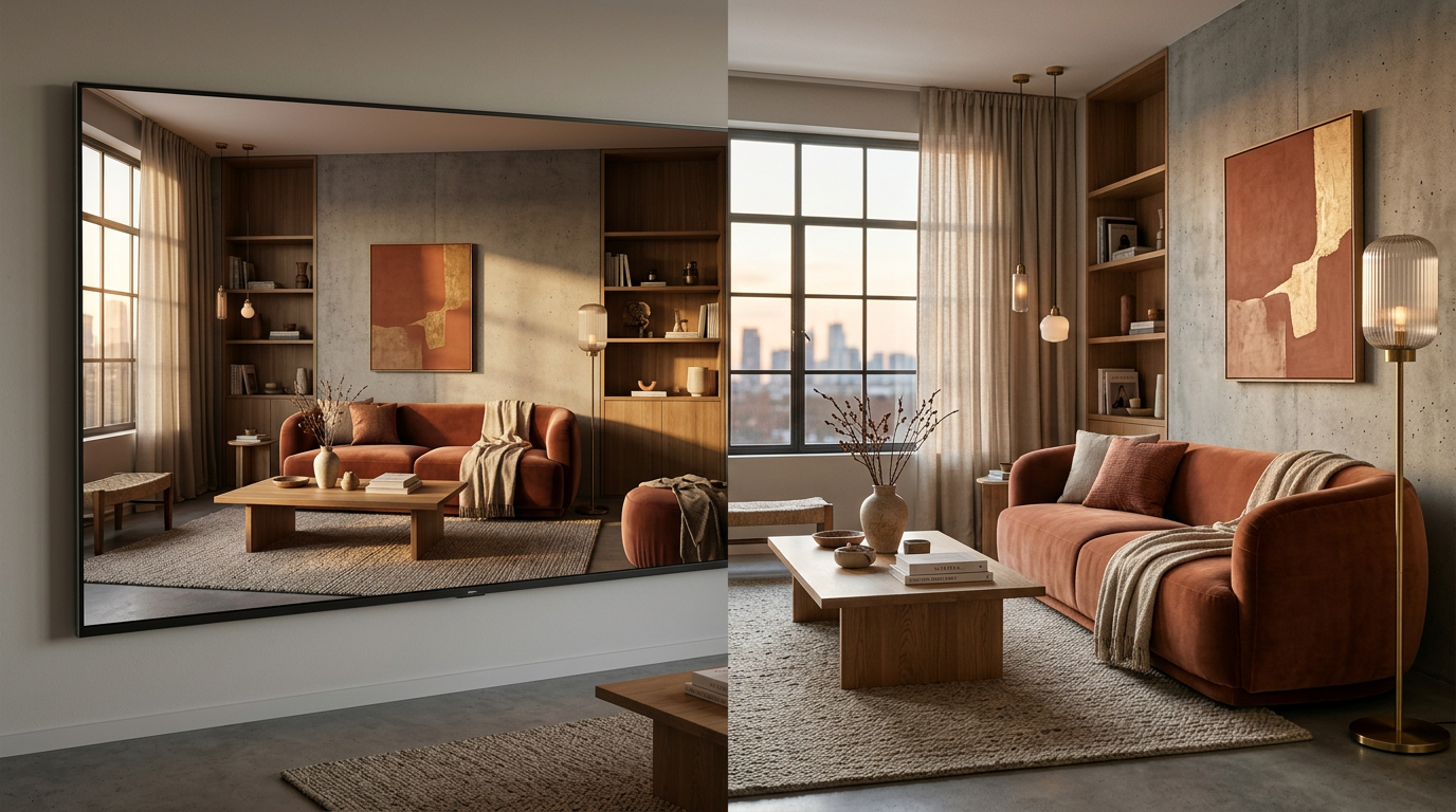 Modern living room interior - half showing AI-generated visualization on screen, half showing the finished real room, demonstrating accuracy comparison