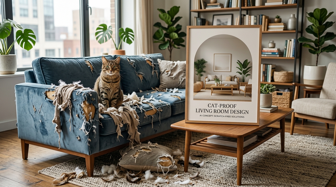 A confused cat sitting on a half-destroyed couch next to an AI-generated "cat-proof" living room design