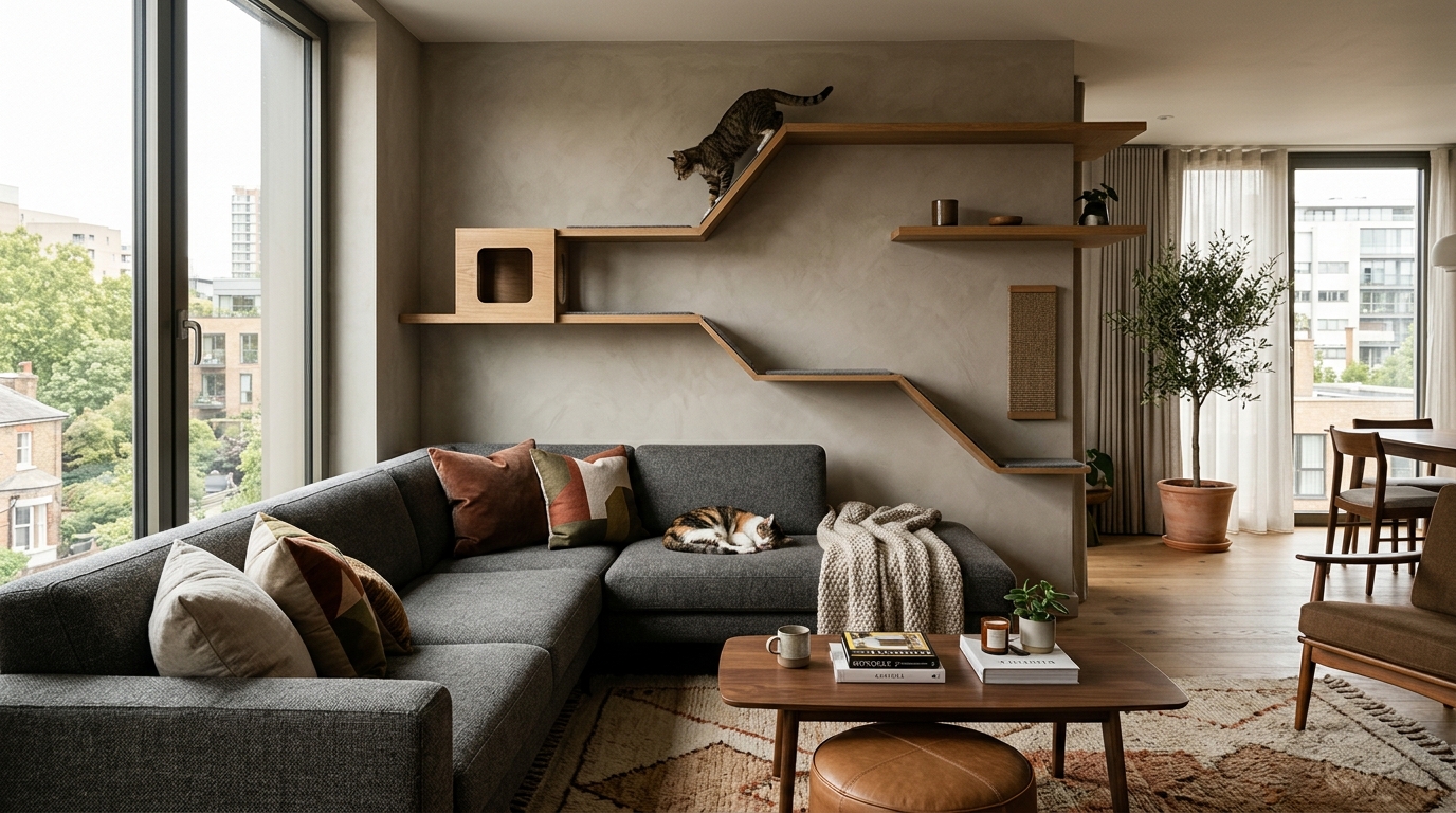 A sleek modern living room with a "cat attack-resistant" sofa and floating shelves for pets