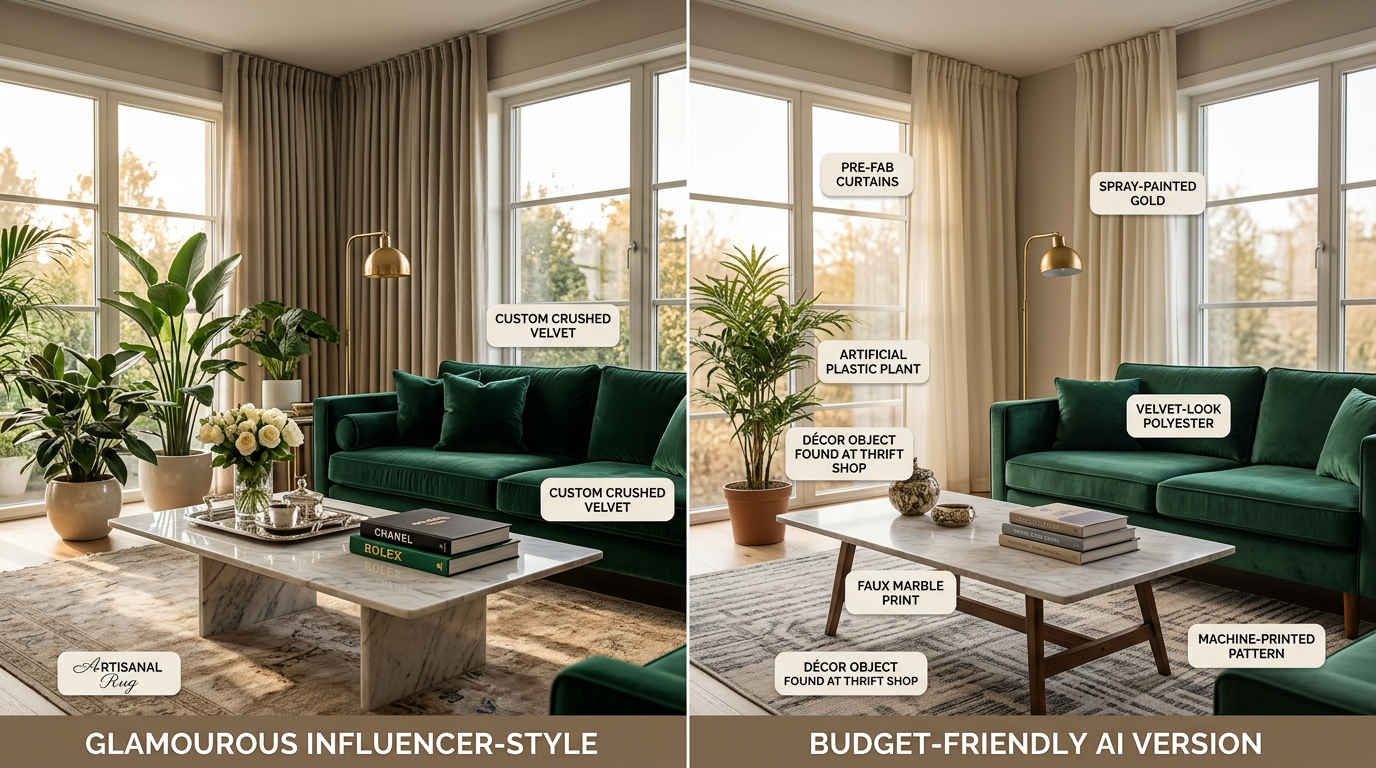 A glamorous influencer-style room vs. the budget-friendly AI version with funny labeled differences