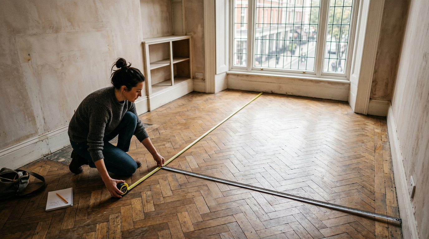person measuring a room with a tape measure before renovation, natural light, top-down view