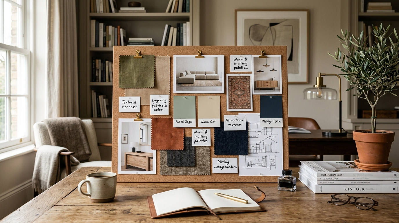 mood board with fabric swatches, color palette, furniture references and handwritten notes on a desk