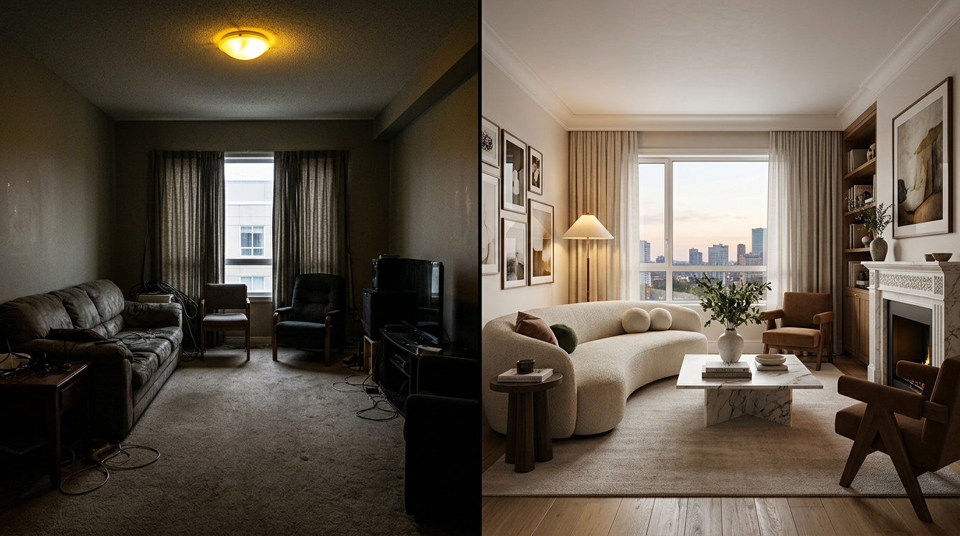 split screen showing a poorly lit room photo on the left and a detailed AI-generated interior design render on the right, demonstrating the before and after effect