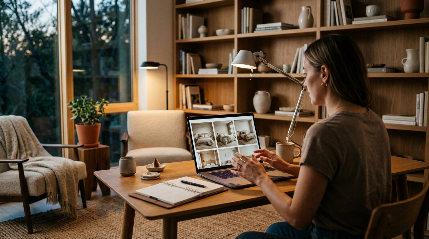 Person sitting at a desk with a laptop, looking at AI-generated bedroom design options on screen, cozy home office setting