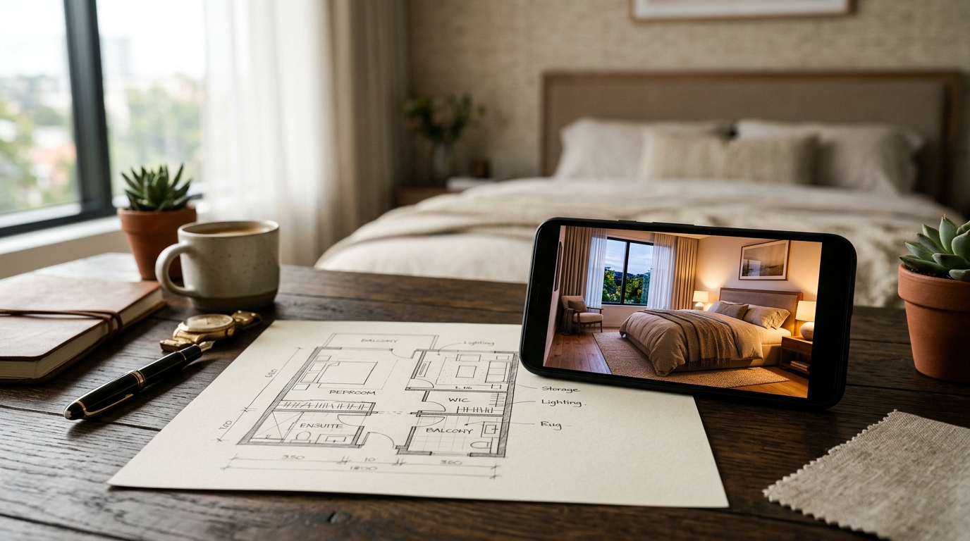 Bedroom floor plan sketch on paper next to a smartphone showing AI-generated 3D interior visualization