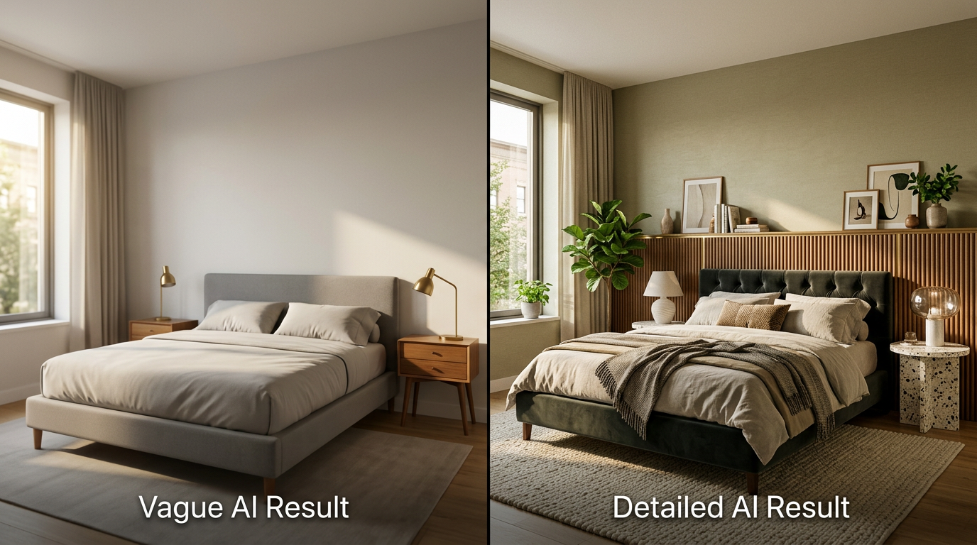 Split screen showing a vague AI prompt result versus a detailed prompt result for bedroom design, demonstrating the difference in quality