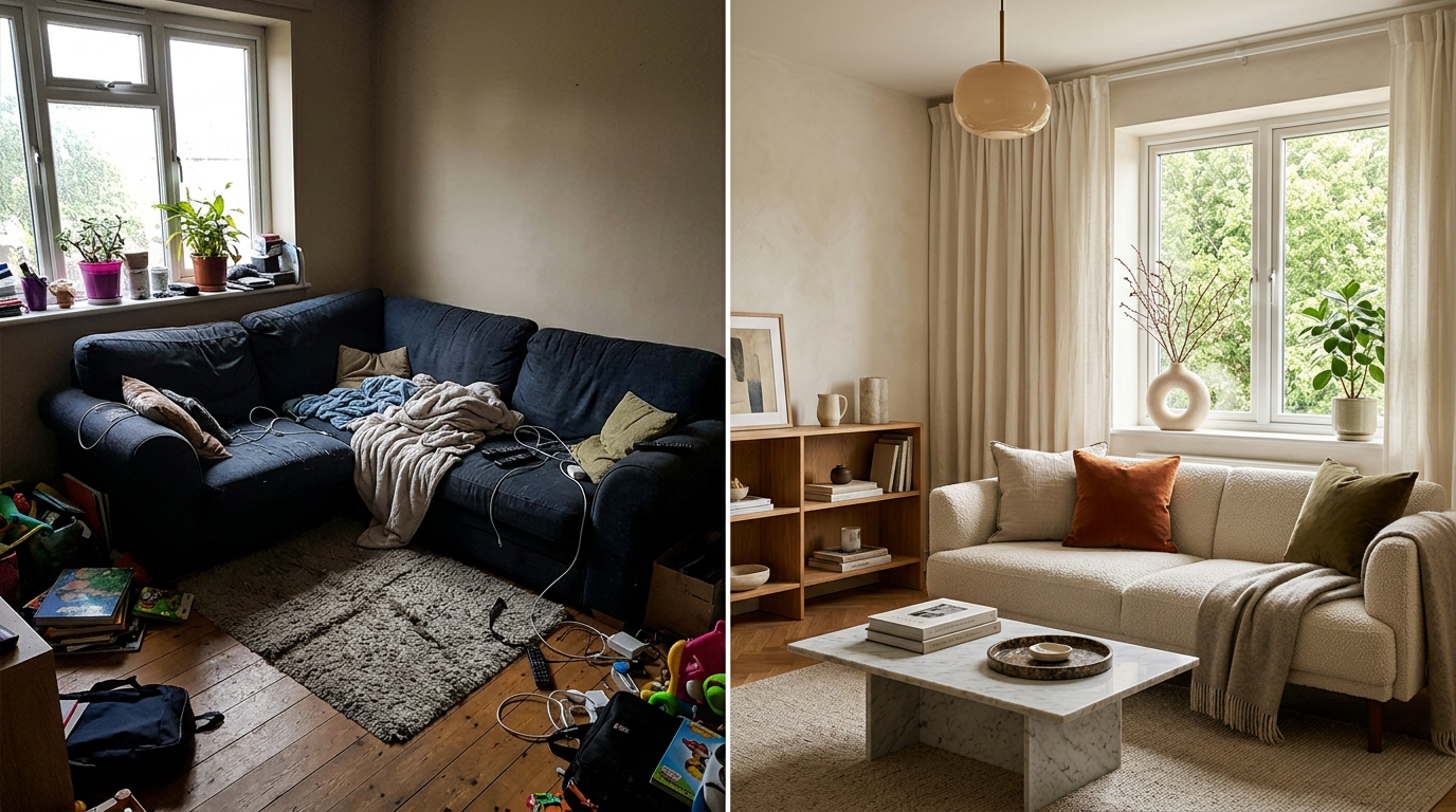 Side-by-side comparison of a messy, dark smartphone photo of a living room on the left, and the AI-generated clean interior design result on the right, showing the transformation