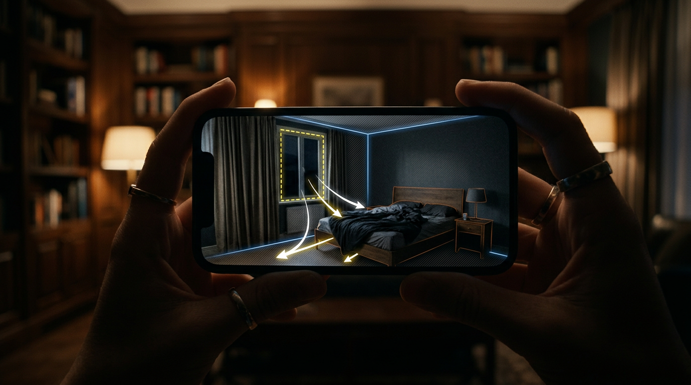 A dark, poorly lit bedroom photo taken on a smartphone, with annotations showing what the AI detects: window position, wall boundaries, furniture silhouettes, and light direction arrows