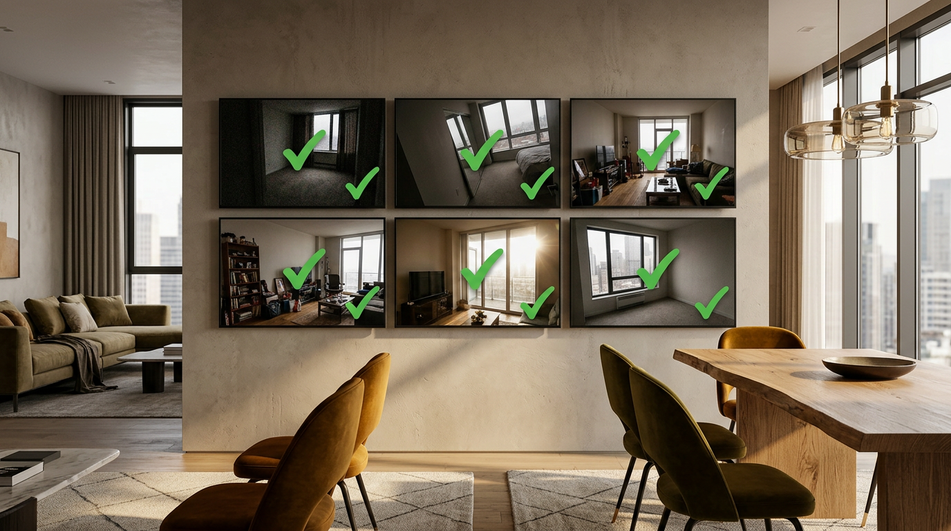 A grid of six "bad" room photos - dark, cluttered, tilted, with harsh window light - each with a checkmark showing they are all acceptable for AI analysis