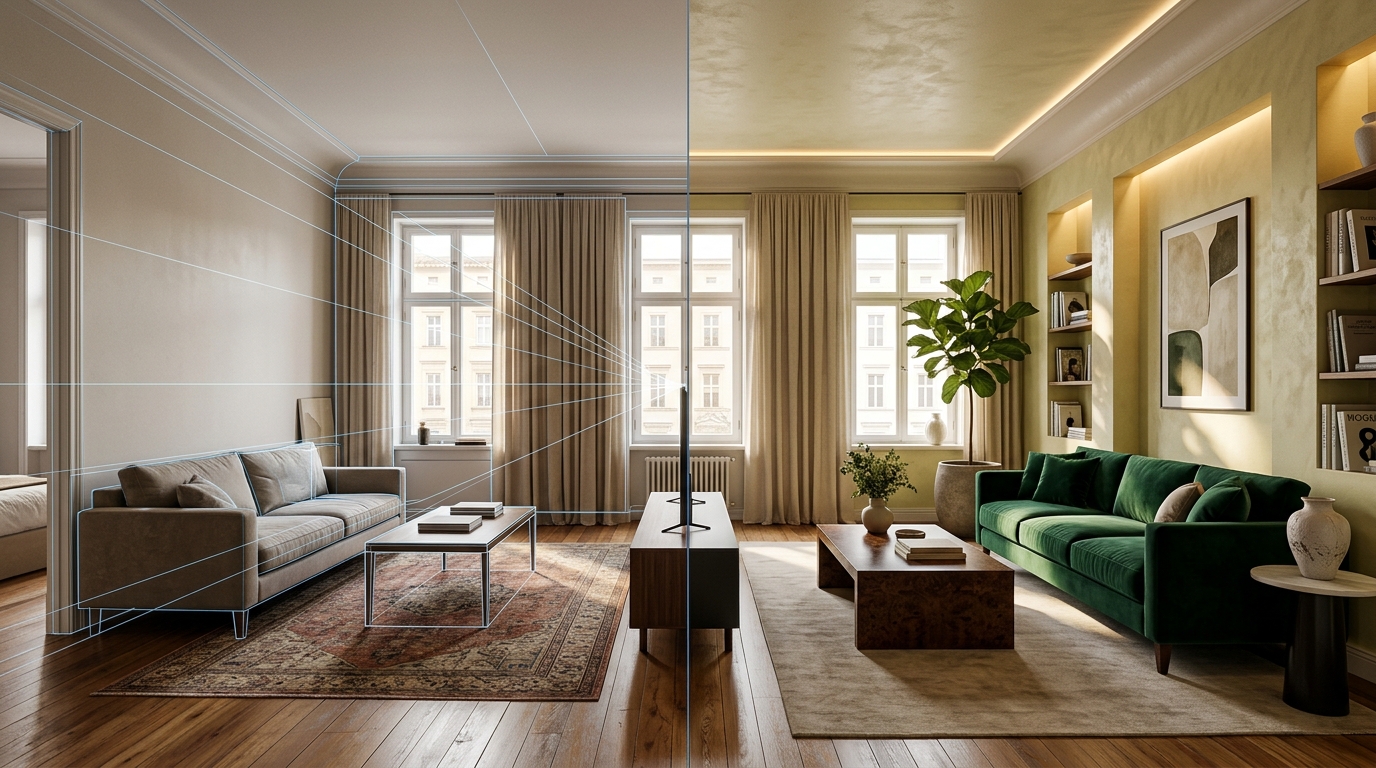 Split diagram showing how AI processes a room photo - left side shows original photo with detected geometry lines, right side shows the generated render with new interior design