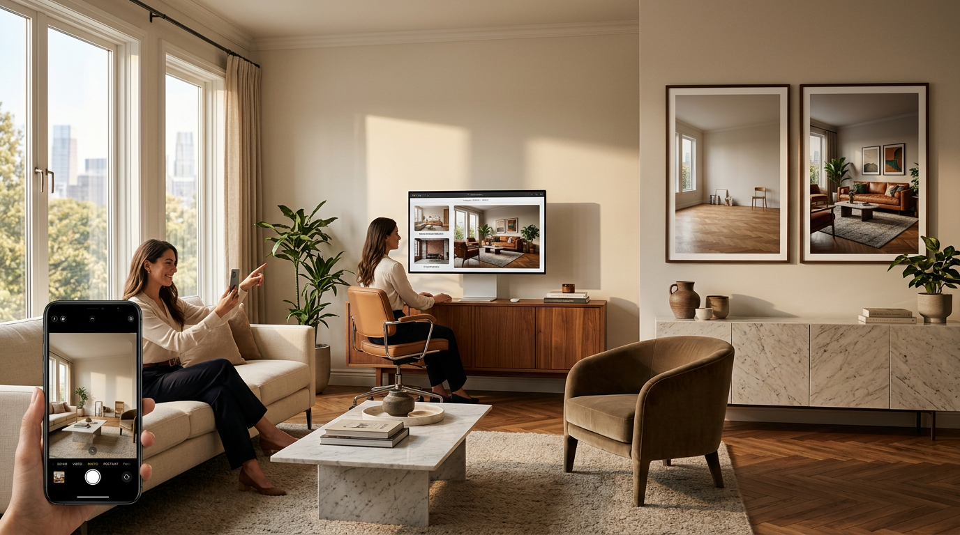 Three-step process illustration showing: 1) uploading a room photo, 2) selecting style options on screen, 3) side-by-side before/after comparison of the rendered interior