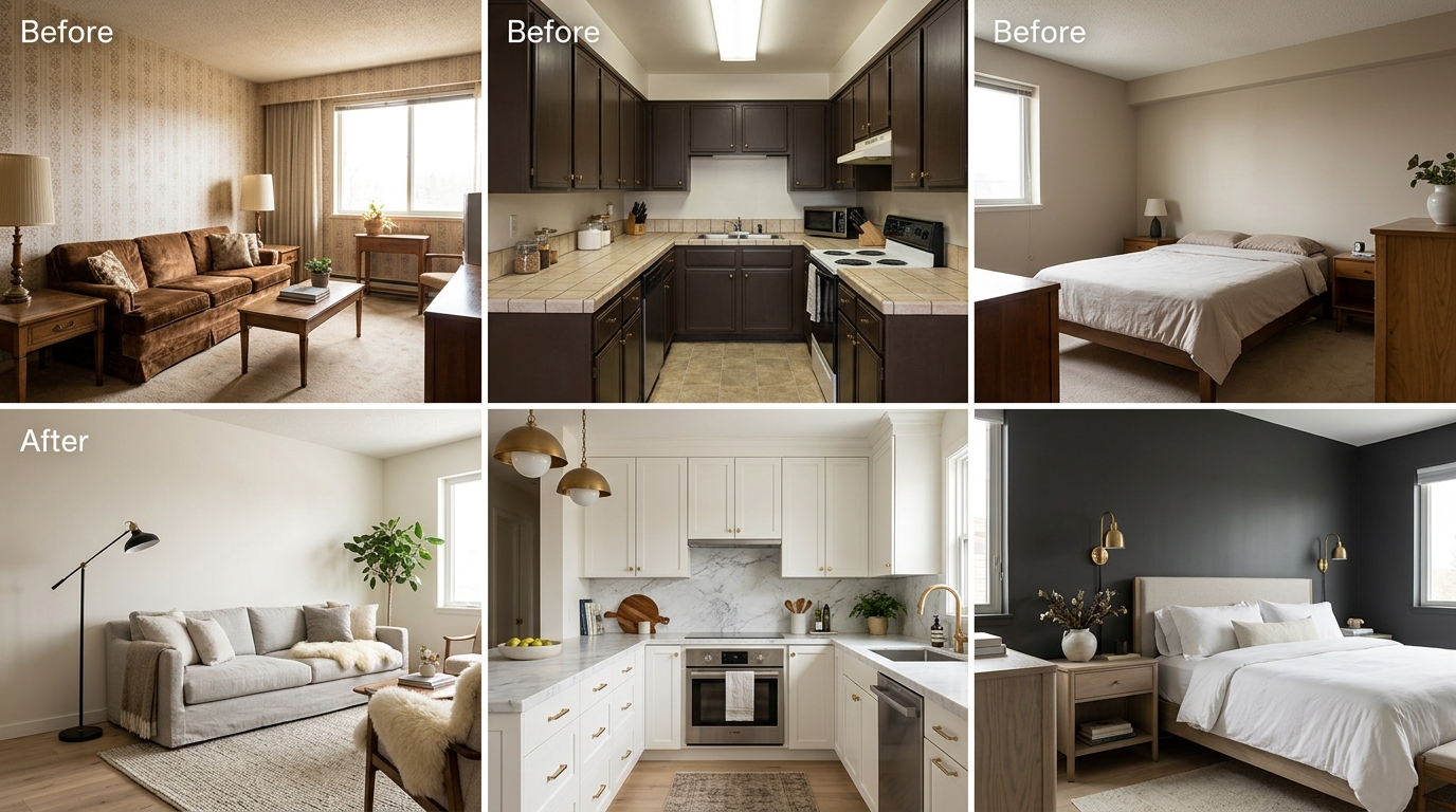 Before/after comparison grid showing three rooms: a living room transformed from Soviet-style to Scandinavian, a kitchen with dark cabinets changed to white marble, and a bedroom with a dark accent wall added