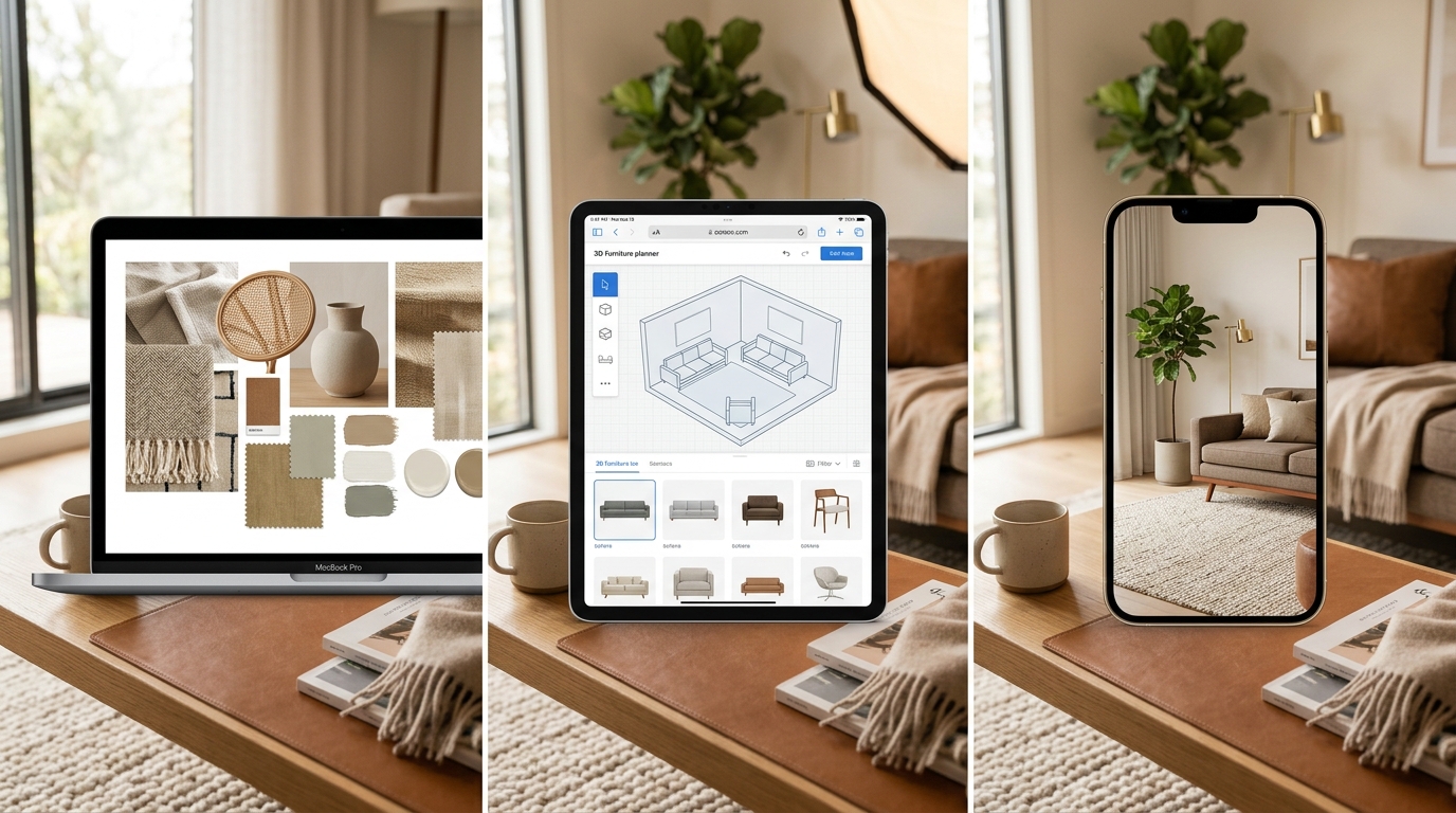 Three side-by-side screenshots showing manual furniture selection on a laptop, IKEA planner interface, and RoomAI generated interior design result