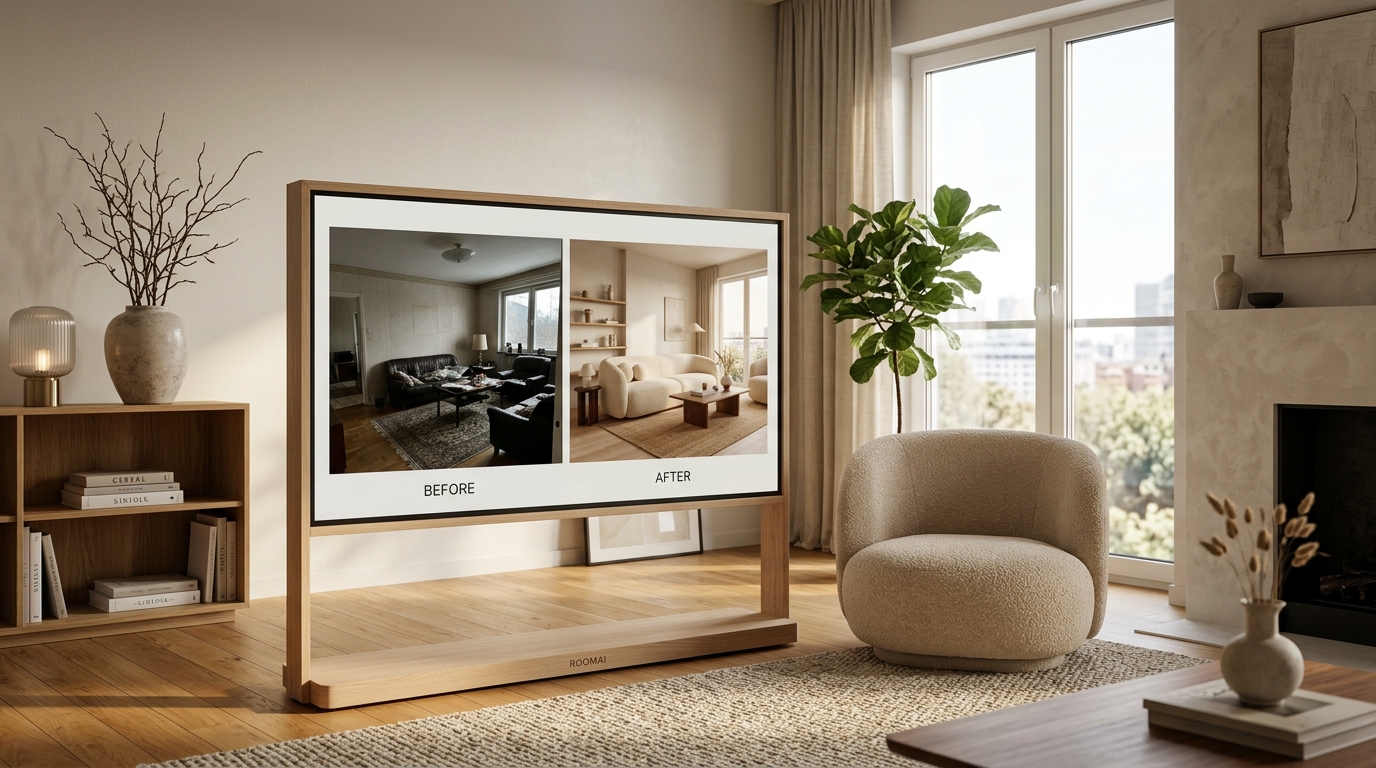 RoomAI interface showing a before/after comparison of a living room - photo upload on the left, AI-generated redesign on the right with Scandinavian style