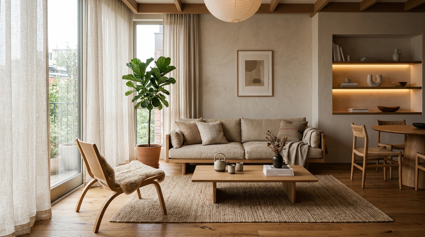 Japandi living room with low oak furniture, warm beige textiles, minimal decor, soft diffused natural light through sheer curtains