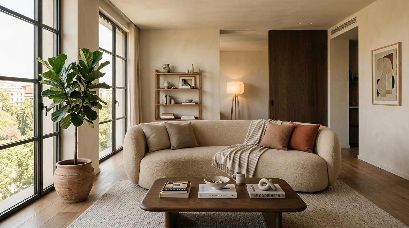 Soft minimalist living room 2026 with rounded sofa in warm cream, single potted plant, warm off-white walls, spacious and calm atmosphere