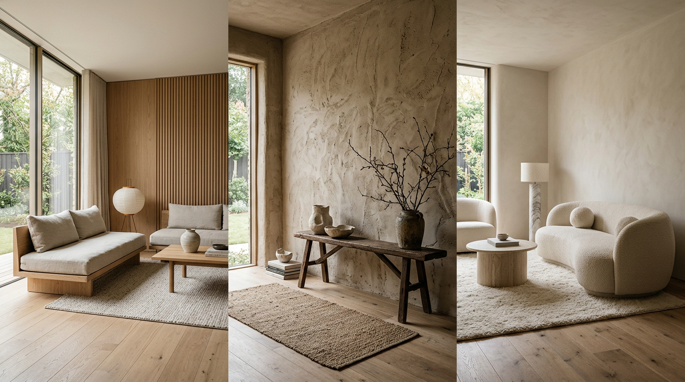 Side-by-side comparison of three interior styles: japandi with clean lines and light wood, wabi-sabi with textured clay walls and organic ceramics, soft minimalism with rounded furniture and warm white tones