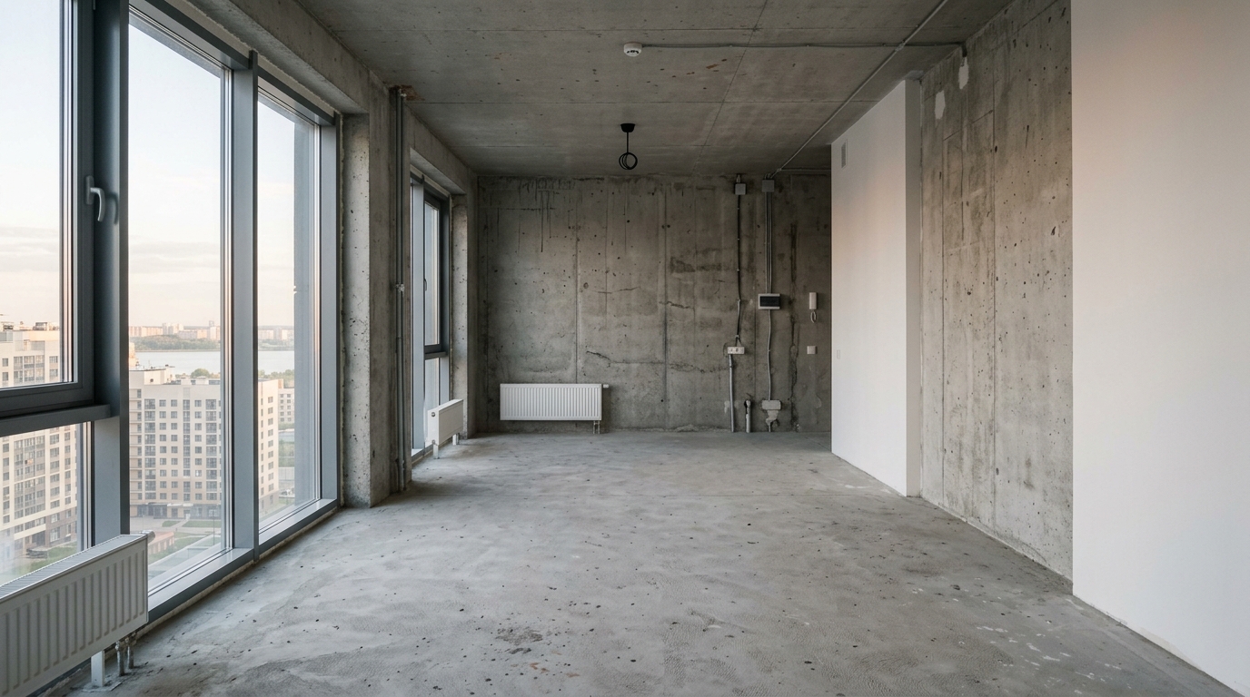 Before photo - empty apartment with bare concrete walls and white surfaces, natural light from windows, 54 sqm new building in Kazan