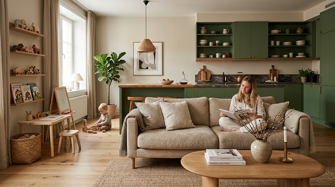 AI-generated interior visualization of a warm Scandinavian-style living room with wooden accents, green kitchen bar counter, natural light, cozy family space with children's corner