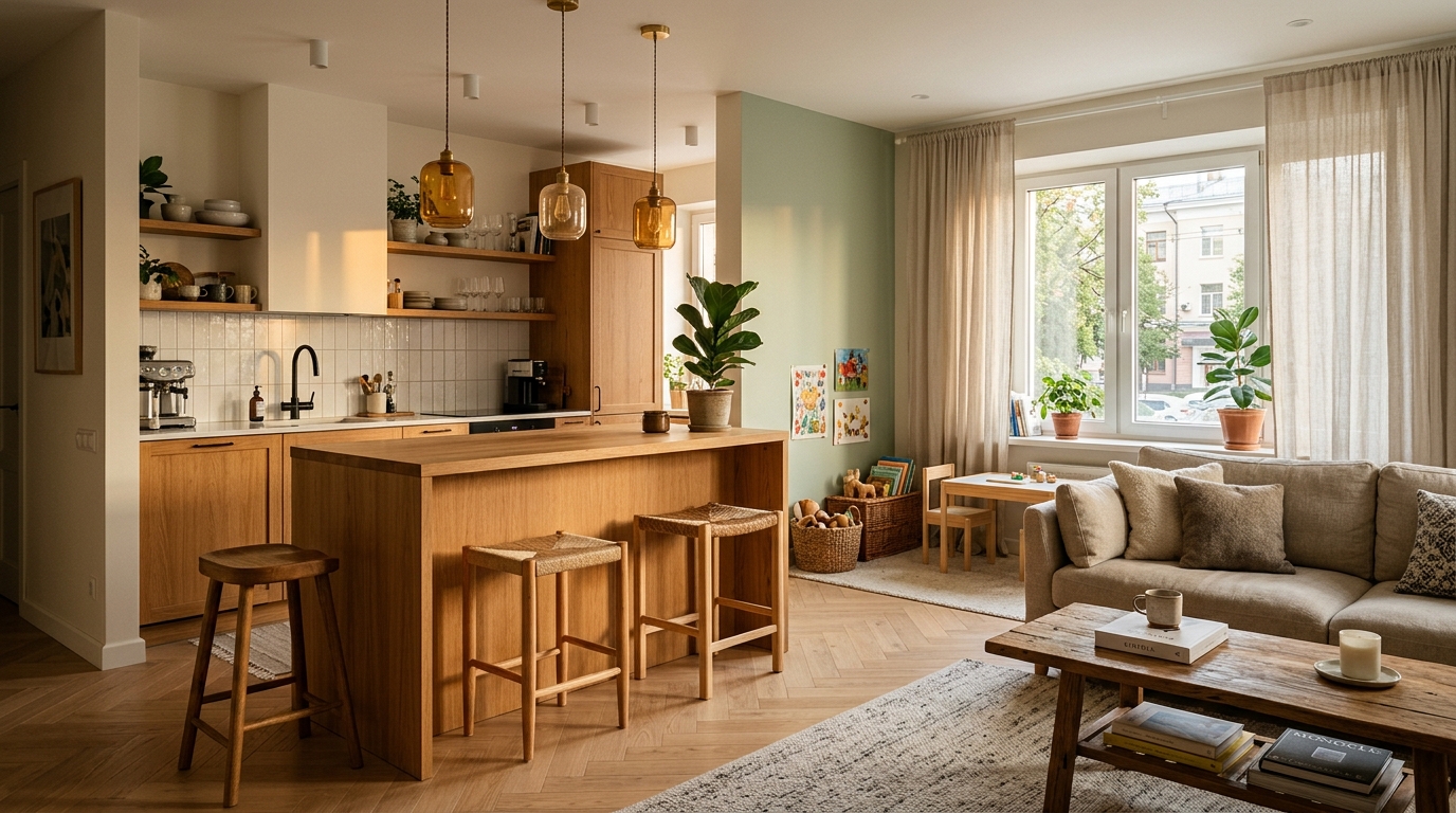 After photo - completed renovation of warm Scandinavian apartment, wooden kitchen bar, cozy living area with children's space, soft lighting, 54 sqm Kazan apartment