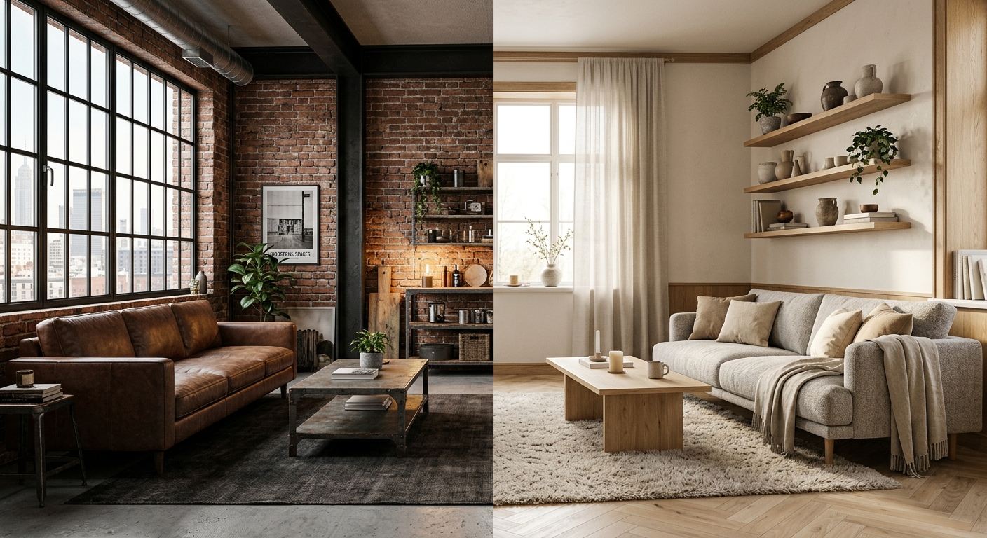 Split screen - left side shows industrial loft Pinterest board with brick walls and metal furniture, right side shows cozy Scandinavian interior with linen textiles and wooden shelves, warm lighting