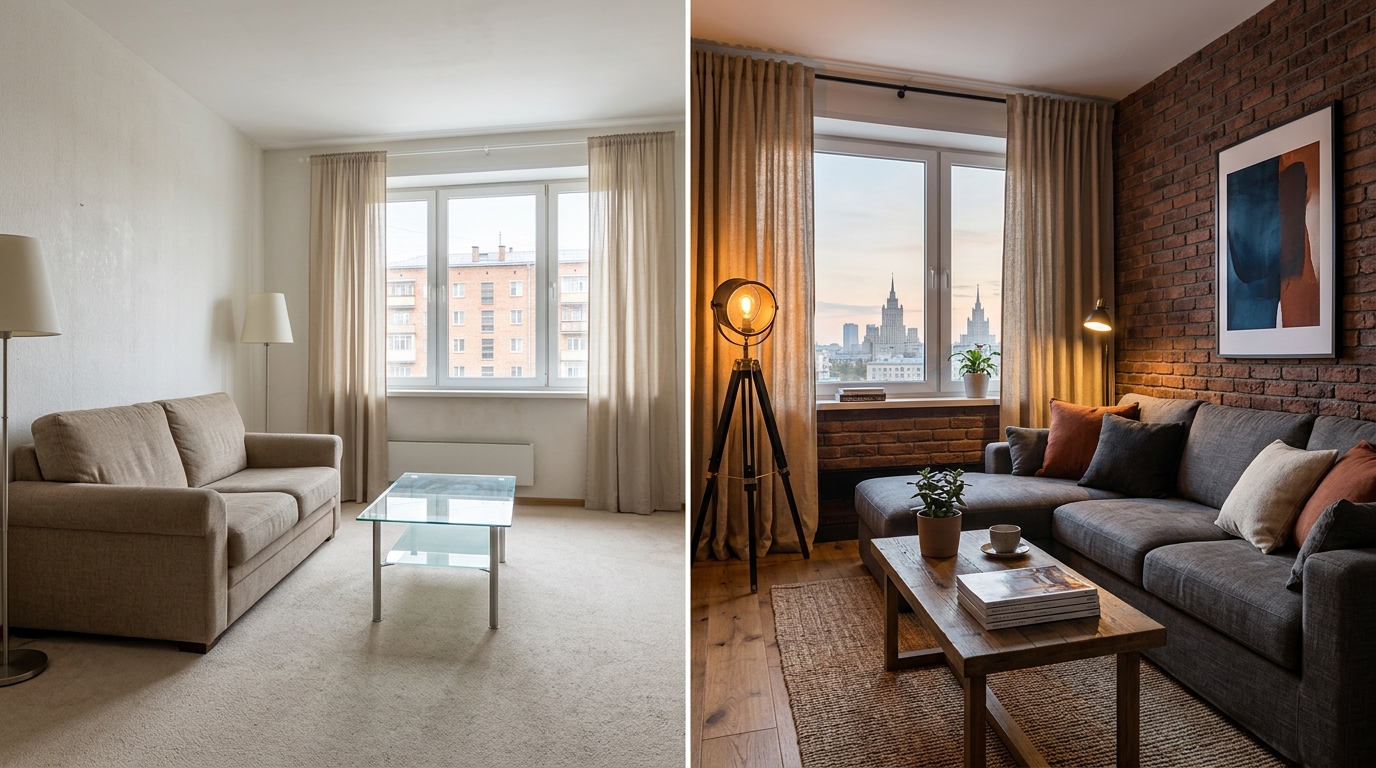 Before and after comparison of Moscow apartment living room - left shows generic beige room with standard furniture, right shows warm industrial-scandi hybrid with brick accent wall, oak flooring, linen curtains, and cozy textiles