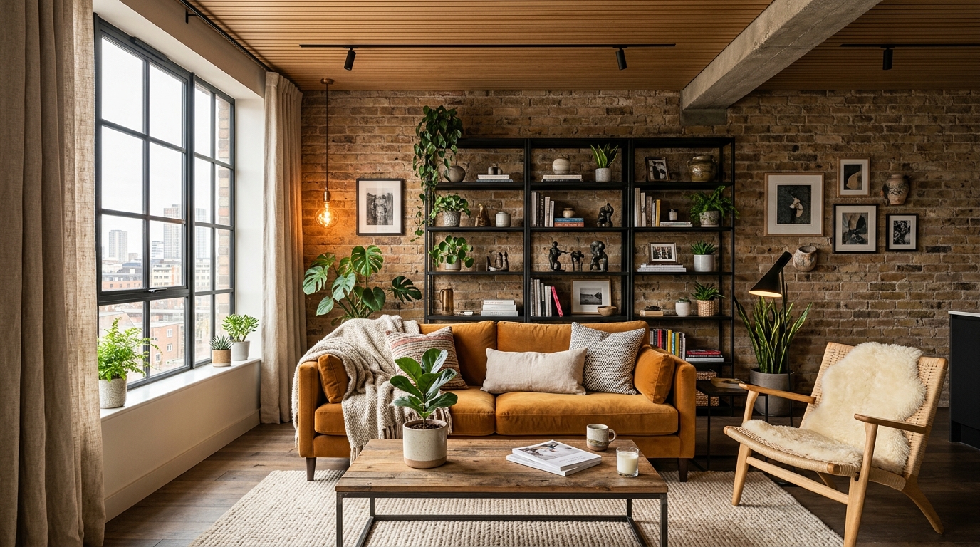 Detailed view of the final living room design showing the harmony between industrial elements - black metal shelving, brick accent wall - and cozy Scandinavian details - linen curtains, wooden ceiling slats, warm textiles and plants