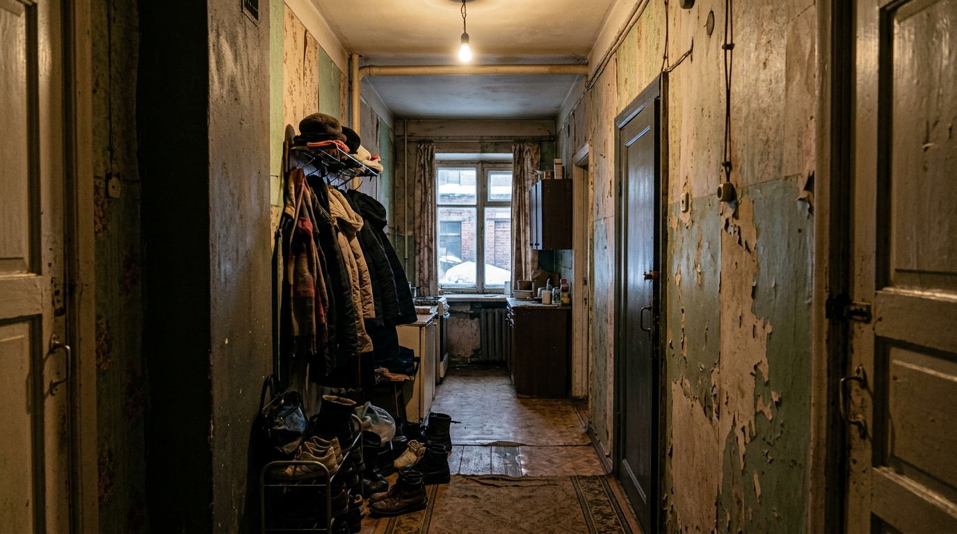 Before photo of a narrow 32 sqm apartment in Novosibirsk - dark corridor, central load-bearing wall, small window facing inner courtyard, cluttered and poorly lit space