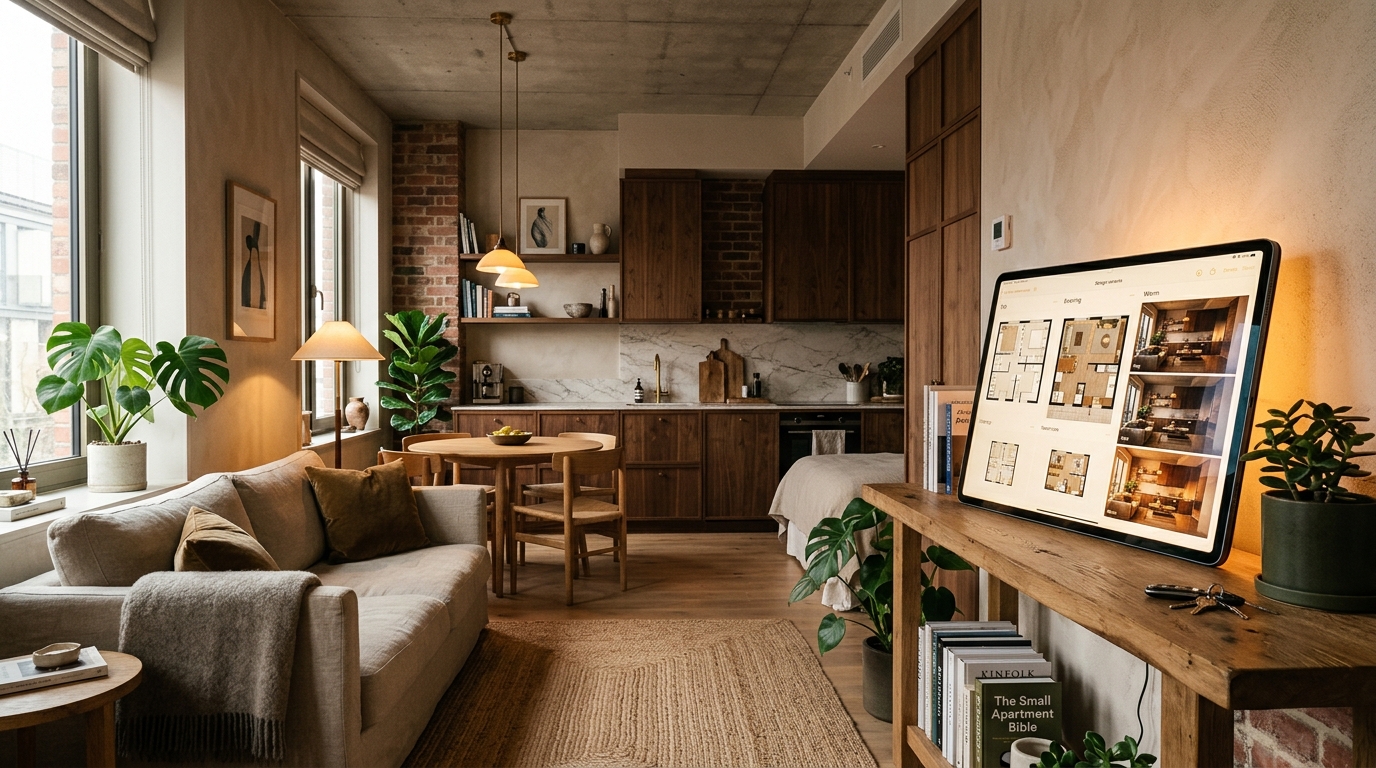 RoomAI interface showing AI-generated design variants for a narrow 32 sqm apartment - multiple layout options displayed side by side, with furniture placement suggestions and lighting schemes