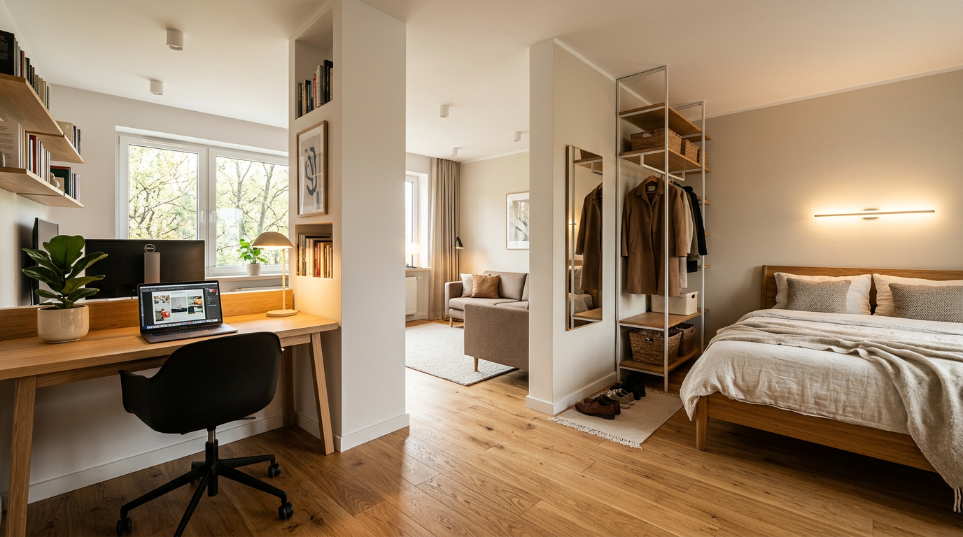 After photo of the renovated 32 sqm apartment - bright Scandinavian interior with load-bearing wall used as functional divider, workspace on one side, bedroom on other side, open storage system in corridor, layered artificial lighting