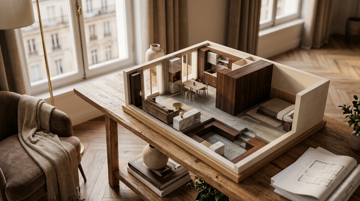 AI-generated floor plan of a small 30 sqm apartment with color-coded storage zones, furniture placement and traffic flow arrows