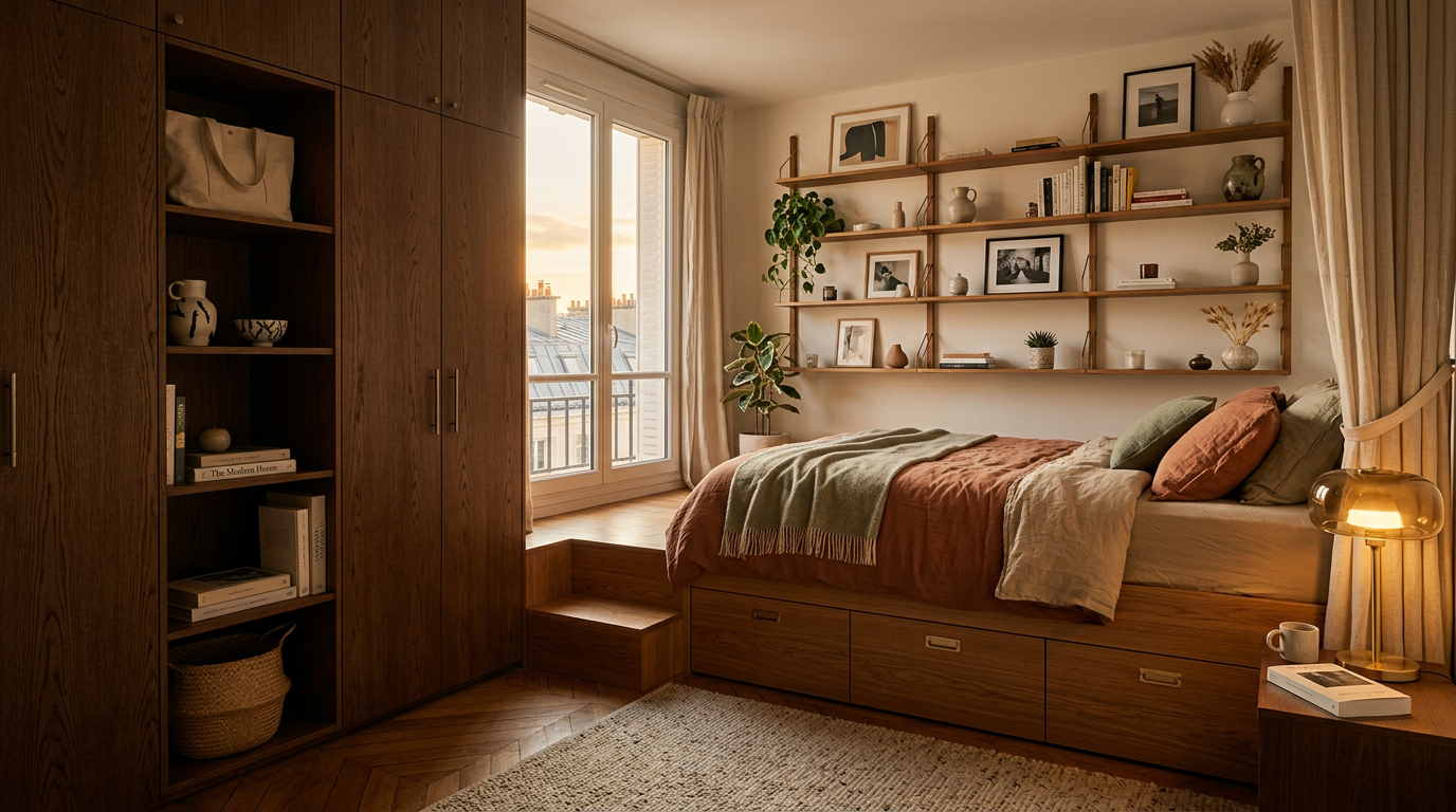 Interior of a small apartment with floor-to-ceiling built-in wardrobe, elevated bed platform with storage drawers underneath, and wall-mounted shelving system