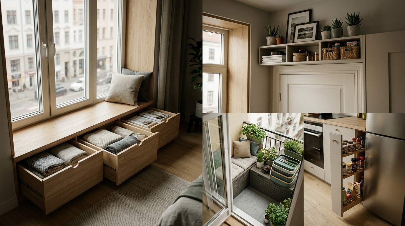 Collage of non-obvious storage solutions in a small apartment: under-windowsill drawers, over-door shelves, balcony storage unit, between-furniture vertical spaces
