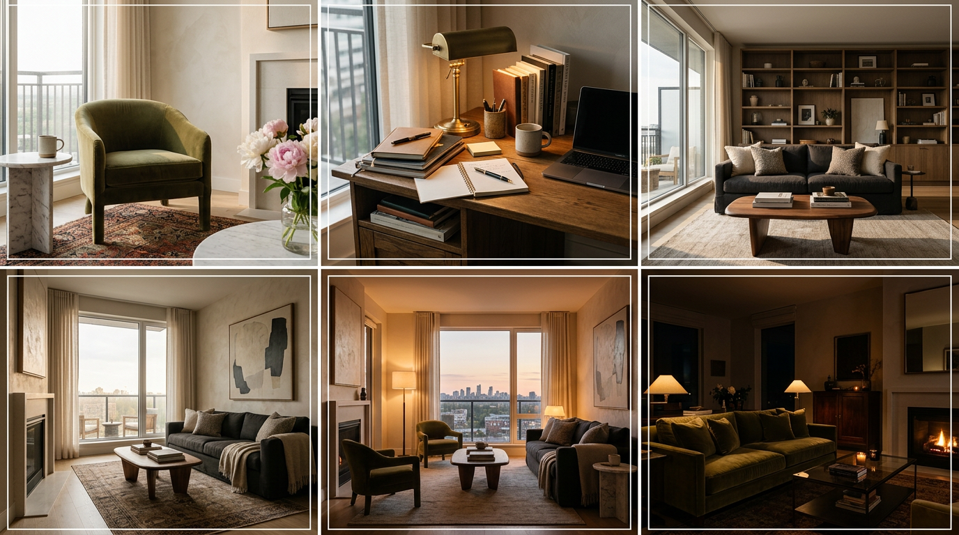 Six photos of the same room taken at different times of day and from different angles, arranged in a grid - morning light, afternoon, evening, corner view, straight-on view, cluttered desk