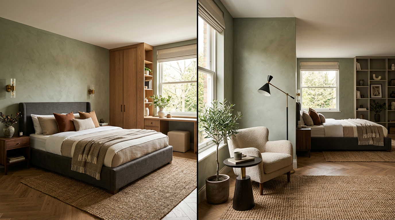 Side-by-side comparison of AI interior design results from straight-on vs corner angle photos of the same bedroom - showing different furniture placement and planning solutions