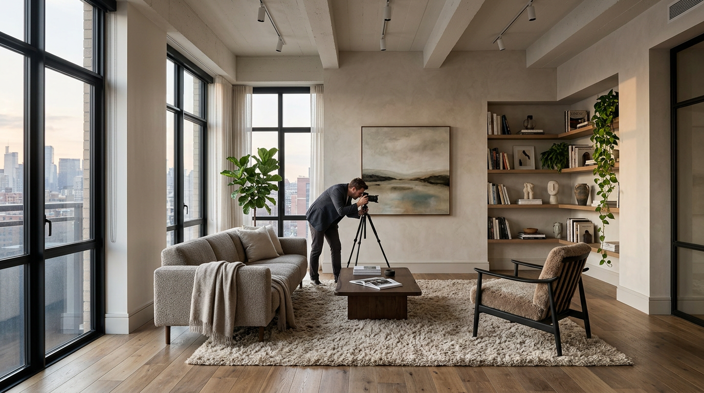 Step-by-step visual guide showing the optimal way to photograph a room for AI design - corner angle, soft daylight, clean space, capturing ceiling and floor