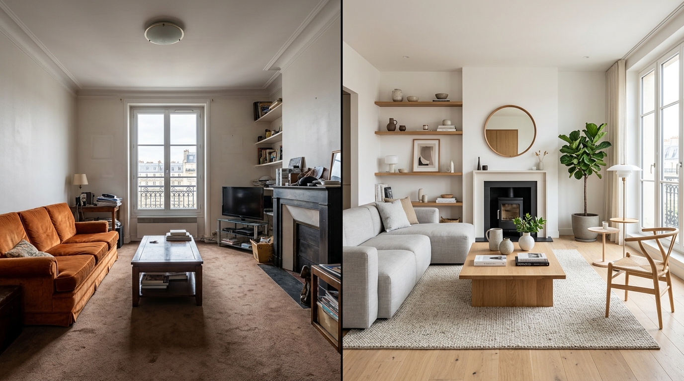 Split-screen comparison of a living room before and after AI redesign, photorealistic, natural lighting, Scandinavian style transformation