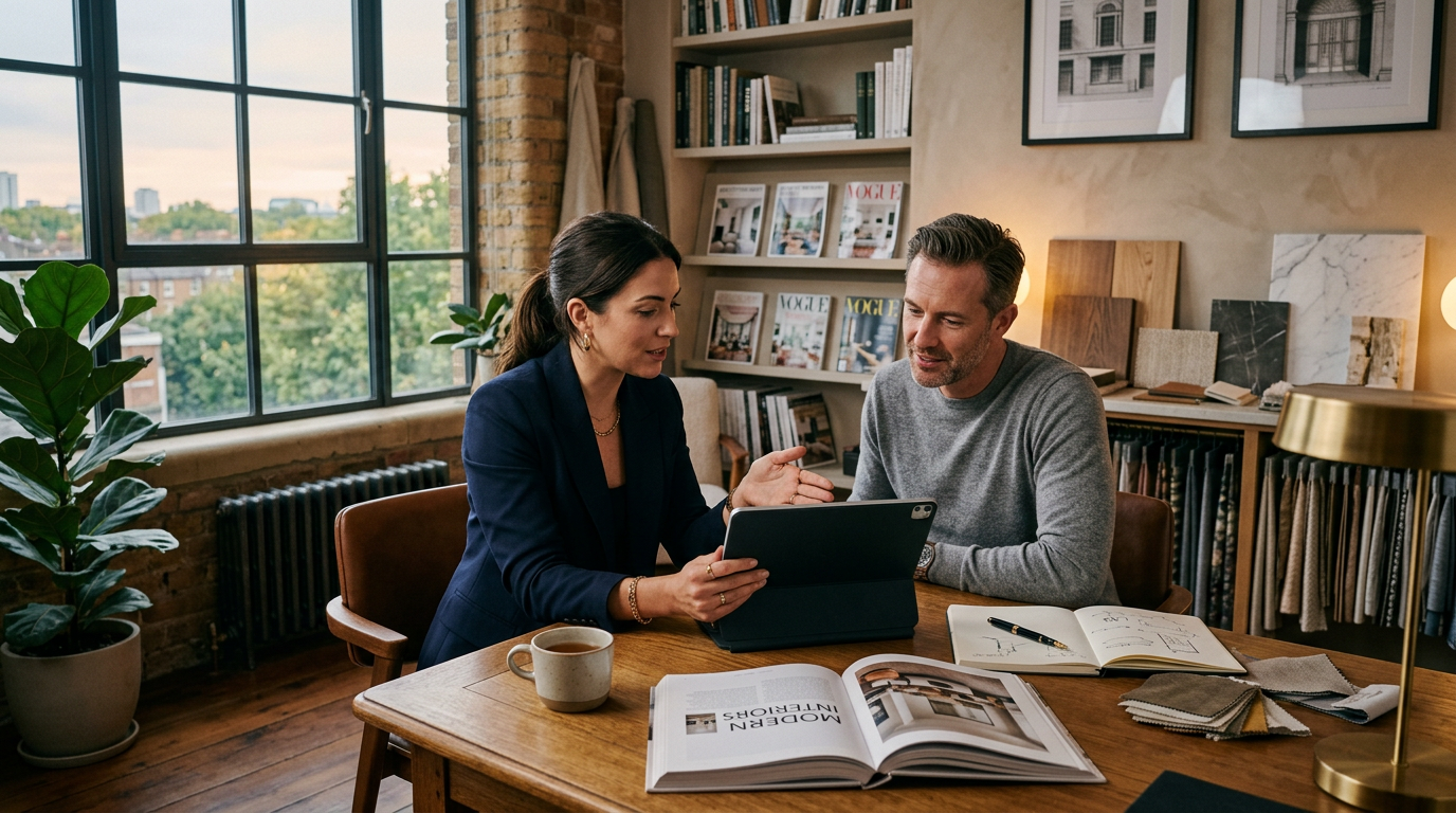 Designer working at a desk reviewing AI-generated interior concepts on a tablet, collaborating with a client, warm professional office setting