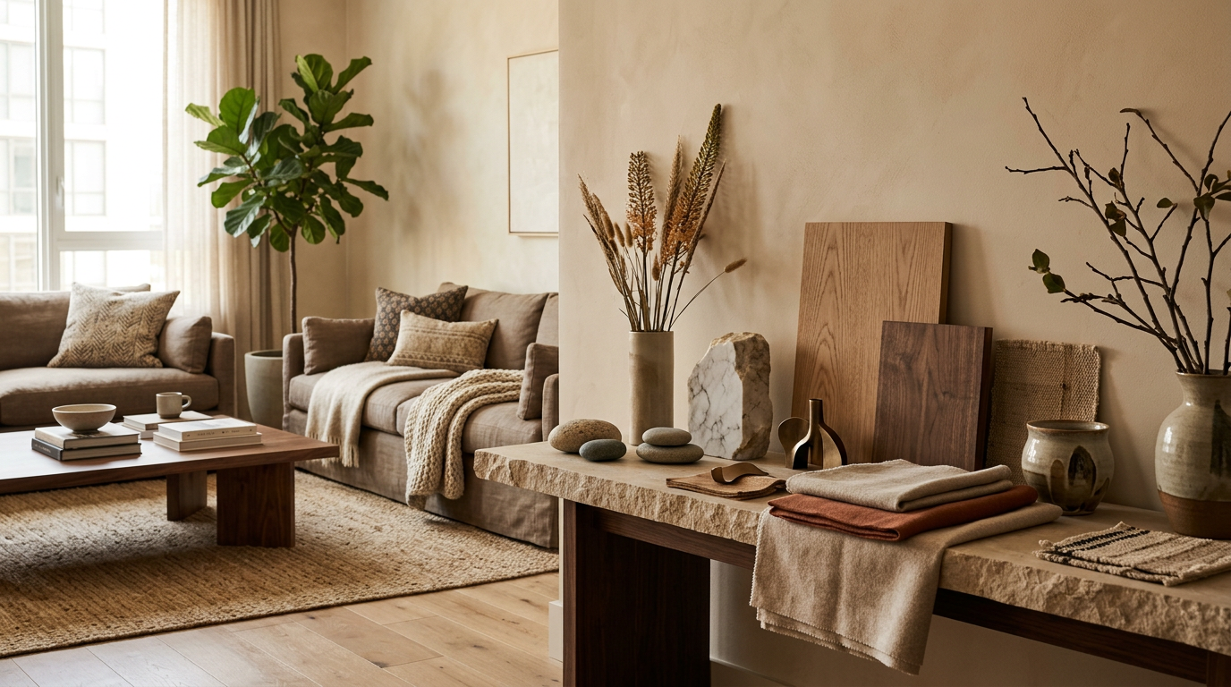 Mood board of 2026 interior design trends: natural materials, warm neutrals, layered textures, wood and stone combinations