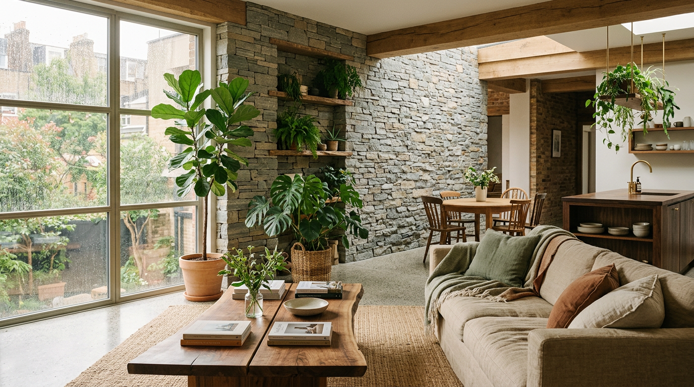 Biophilic interior design with living plants, natural stone wall, organic wooden furniture, abundant natural light