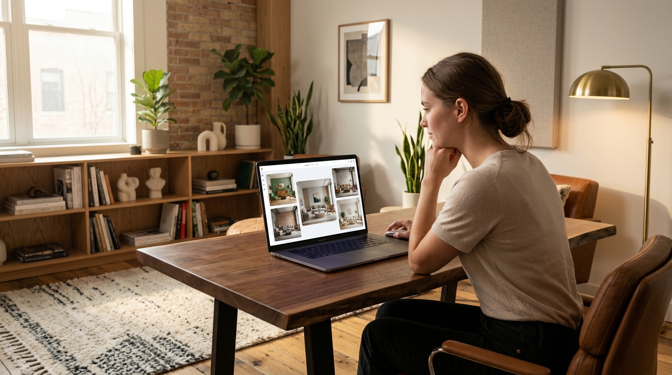 Person using AI interior design tool on laptop, showing multiple style variations on screen, modern home office setting