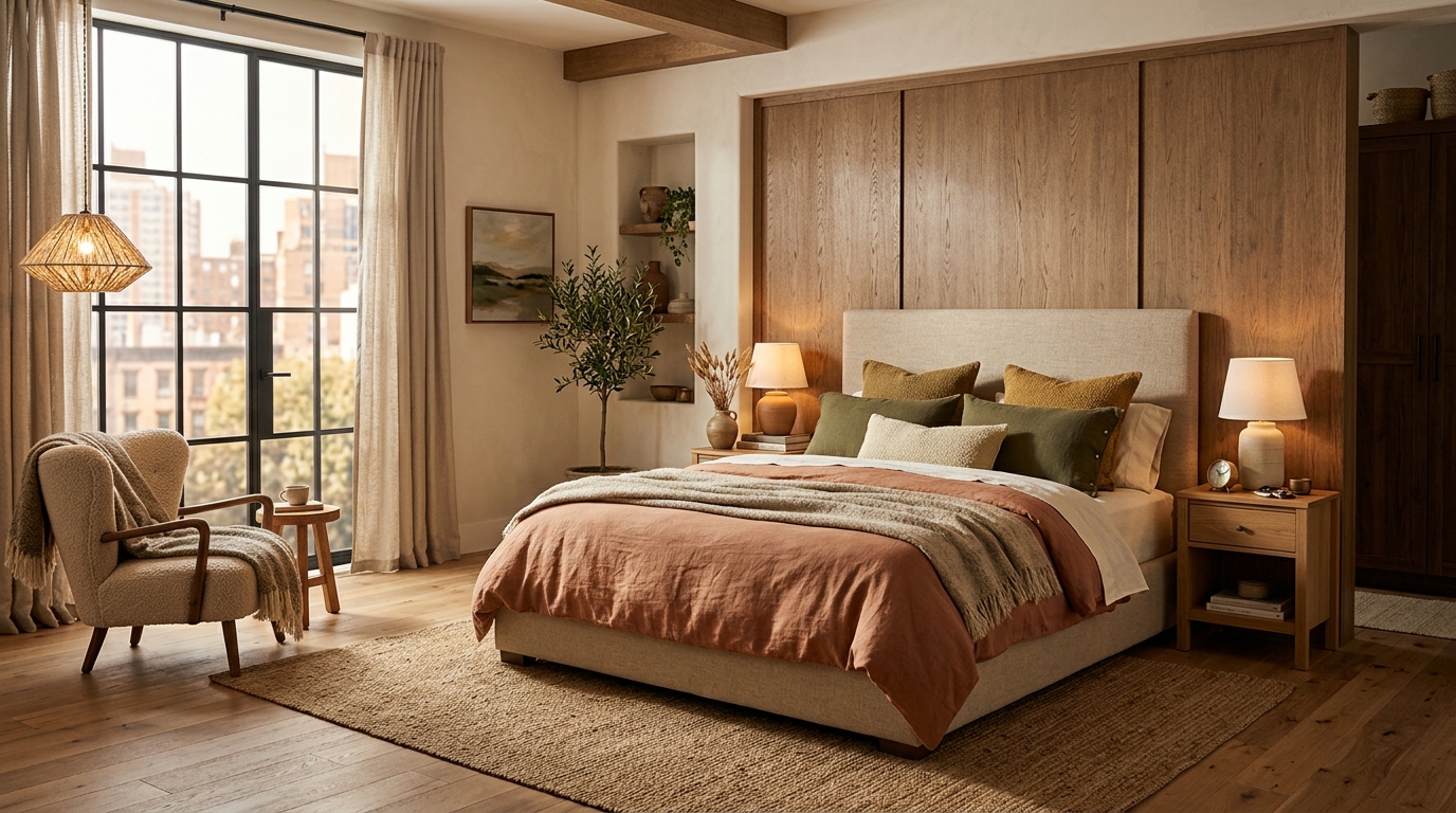 AI-generated bedroom interior with warm earthy tones, layered lighting, cozy textiles, natural wood furniture, realistic 3D visualization
